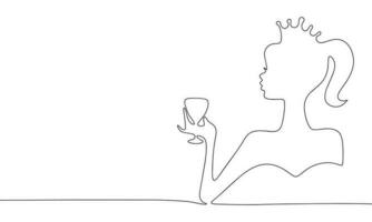 Prinzessin minimal Banner. einer Linie kontinuierlich mit Frau mit Glas Vektor Illustration. Umriss, Linie Kunst Silhouette, monoline.