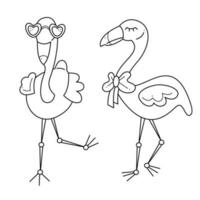 två söt och rolig flamingos. klotter svart och vit vektor illustration.