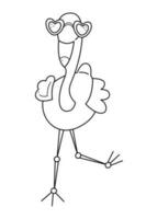 rolig och söt flamingo i solglasögon. klotter svart och vit vektor illustration.