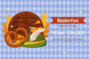 Oktoberfest Deutsche Bier Festival Hintergrund. Design mit Tiroler Hut, Gabel mit gegrillt Wurst, Brezel, hölzern Fass, Weizen und Blätter. Licht Blau Rhombus Muster vektor