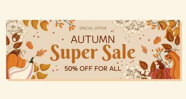 Herbst Super Verkauf horizontal Banner Vorlage Design mit Kopieren Raum. Rahmen mit anders Blätter Geäst, Kürbisse und Eicheln, Weiß Beere auf Zweig. Marketing Banner mit ein Angebot von ein Besondere Preis. vektor