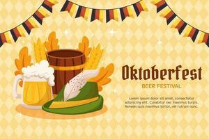 oktoberfest tysk öl festival bakgrund. design med tyrolean hatt, öl råna med skum, trä- tunna, Tyskland färger festlig krans med flaggor, vete och löv. ljus gul romb mönster vektor
