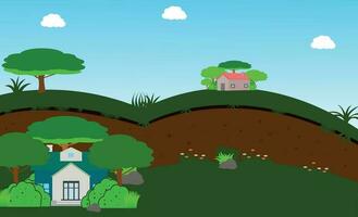 landsbygden se vektor illustration, isometrisk hus i de grön kullar, utomhus- begrepp, natur landskap