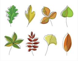 Herbst Blätter Hand gezeichnet Design. Minimalismus Kunst. Gekritzel Blätter. einer Linie Design Blätter mit farbig Elemente. Vektor Hand gezeichnet Illustration.