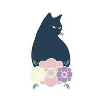 svart katt husdjur med blommor färgrik feminin maskot modern enkel logotyp ikon vektor illustration