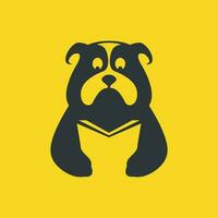 bulldogg husdjur hund läsning bok studie smart maskot tecknad serie platt modern logotyp ikon vektor illustration