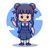 süß Mädchen mit Frieden Zeichen tragen Schule Uniform Karikatur Vektor Symbol Illustration