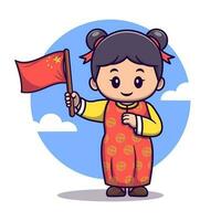 süß Mädchen tragen traditionell Kleider und halten Chinesisch Flagge Karikatur Vektor Symbol Illustration
