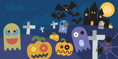 halloween vektor illustration med fladdermöss, full måne, spöke, pumpor, Spindel, och besatt hus. halloween begrepp från geometrisk form levande färger.