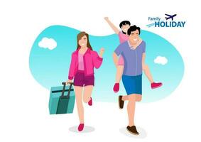 Lycklig familj resa tillsammans. föräldrar med barn på de flygplats redo för semester. platt vektor illustration.