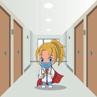 chibi kawaii krankenschwester oder arztcharakter. Krankenhausflur im Hintergrund vektor