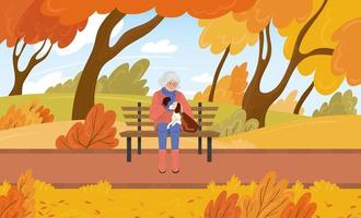 mormor sitter på en bänk med sin hund på hösten i parken tecknad vektorillustration vektor