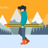 Flacher Skifahrer bringen seine Ski Equipment Vector Illustration
