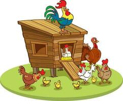 illustration av en söt hus med tupp och kycklingar vektor