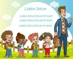 Kinder Studenten und Lehrer Zeichnung im das Park Vektor Illustration mit Platz zum Ihre Text.