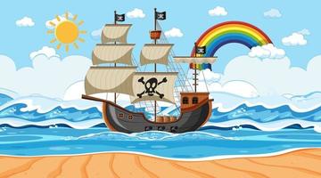 Ozeanszene zur Tageszeit mit Piratenschiff im Karikaturstil vektor