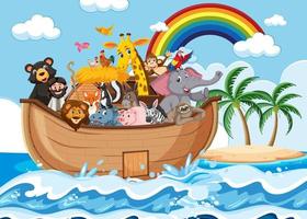 Noahs ark med djur i havsscenen vektor