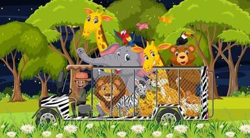 zoo koncept med vilda djur grupp i bur bilen vektor