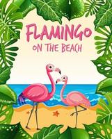 Flamingo auf dem Strandbanner mit vielen tropischen Blättern vektor