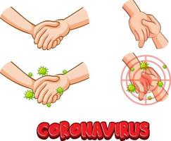 Coronavirus-Schriftart mit Virus verbreitet sich durch Händeschütteln auf weißem Hintergrund vektor
