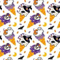 Eis Sahne Zapfen und andere Süßigkeiten mit Halloween Dekor. komisch Kinder drucken. nahtlos Muster vektor