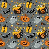 pumpa, fladdermus, spöke och Övrig traditionell element av halloween. barn skriva ut. sömlös mönster vektor