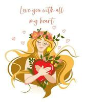 Erklärung von Liebe. schön Mädchen mit ein Strauß von Blumen. Symbol Herz. Mütter Tag. san Valentinstag Tag. Vektor Illustration.