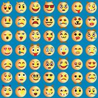einstellen von Emoticons. einstellen von Emoji. Lächeln Symbole, komisch Karikatur Gelb Emoji und Emotionen Symbol Sammlung. Stimmung und Gesichts- Emotion Symbole. Weinen, lächeln, Lachen, froh, traurig, wütend und glücklich Gesichter, vektor