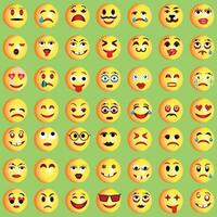 einstellen von Emoticons. einstellen von Emoji. Lächeln Symbole, komisch Karikatur Gelb Emoji und Emotionen Symbol Sammlung. Stimmung und Gesichts- Emotion Symbole. Weinen, lächeln, Lachen, froh, traurig, wütend und glücklich Gesichter, vektor