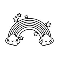 söt regnbåge med moln kawaii tecken och stjärnor linje ikon vektor