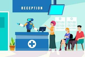 medicinsk klinik reception vektor illustration. robot läkare och patient Sammanträde på reception skrivbord. sjukvård och medicin. Välkommen robotar i sjukhus för registrering