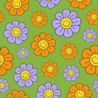 retro groovig nahtlos Muster mit lächelnd Blumen auf ein Grün Hintergrund. süß bunt modisch Vektor Illustration im Stil 60er, 70er Jahre