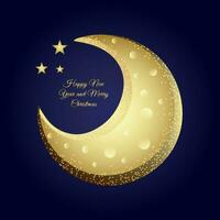 golden Mond brillant Märchen auf dunkel Blau Hintergrund mit golden Inschrift von glücklich Neu Jahr und Weihnachten Vektor Bild