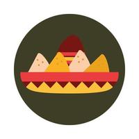 mexikanischer Sombrero mit Nachos-Food-Snack-Block und flachem Symbol vektor