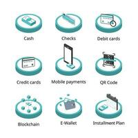 typ av betalning alternativ när uppköp eller köp av sådan som kontanter, kreditera kort, avbetalning planen, blockchain vektor
