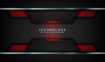 abstrakt 3d svart techno bakgrund överlappar lager på mörkt utrymme med röd ljus effekt dekoration. moderna element för grafisk design för affisch, flygblad, omslag, broschyr, målsida eller banner vektor