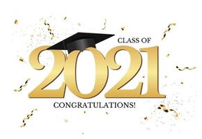 Abschlussklasse 2021 mit Abschlussmütze Hut und Konfetti und goldenem Band. Vektor-Illustration vektor