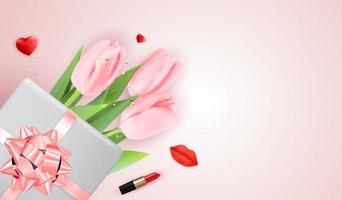 Happy Womens Day Holiday Gratulation Hintergrund mit Tulpen und Geschenkbox und Herzen. Vektor-Illustration vektor