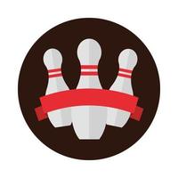 Bowling-Pins mit rotem Band-Emblem-Spiel-Freizeitsport-Block-flaches Icon-Design vektor