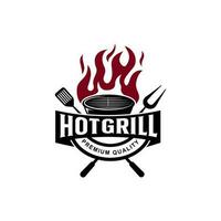 enkel utegrill varm grill logotyp, med korsade lågor och spatel. logotyp för restaurang, bricka, Kafé och bar. vektor illustration