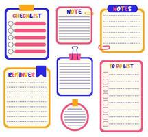 söt att göra lista, checklista, påminnelse och anteckningar för arrangör. uppsättning av tom papper anteckningar mall eller söt klistermärken för planerare. vektor