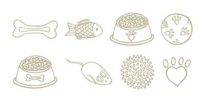 en uppsättning av objekt för sällskapsdjur. leksaker, mat skål, ben, boll, mus, fisk, Tass skriva ut. hand dragen sällskapsdjur ikoner. vektor illustration.