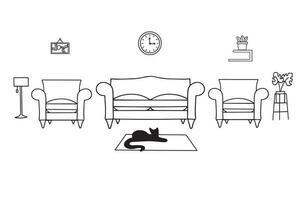 Zeichnung von das Leben Zimmer. hausgemacht modern Möbel von ein gemütlich Sofa mit zwei Sessel im ein einfach linear Stil. Vektor