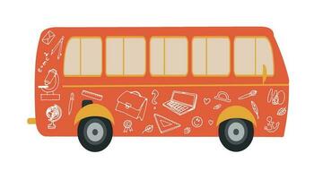 skola buss på en vit bakgrund. vektor platt illustration. illustration av en logotyp med en skola buss ikon. buss med ritningar av skola klotter illustrationer. vektor