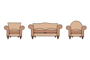 en uppsättning av soffa och två fåtöljer. en modern samling av stoppade möbel. Färg platt vektor illustration isolerat på en vit bakgrund. vektor