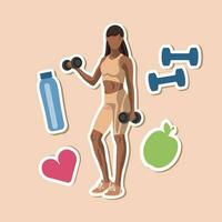 Aufkleber von gesichtslos Fitness afrikanisch amerikanisch Frau im Sportbekleidung Stehen und tun ein trainieren mit Hanteln und Fitness Elemente. Vektor Illustration