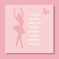 teater biljett design. balett flygblad mall. ballerina silhuett i de tutu och pointe sko med fjäril. rosa kort design med kopia Plats text. vektor illustration