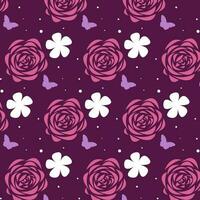nahtlos Muster von ein lila Schmetterling mit ein Weiß und rot Blume auf ein lila Hintergrund, Grafik Design drucken, Vektor Illustration