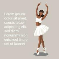 afrikansk amerikan ansiktslös ballerina i en vit tutu och pointe skor dans på en lila bakgrund med kopia Plats, text lorem ipsum. vektor illustration i platt stil