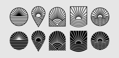einstellen von Sonnenaufgang Landschaft Symbol Logo Design. eben Linie Sonne scheinen Bauernhof Logo Symbol. vektor